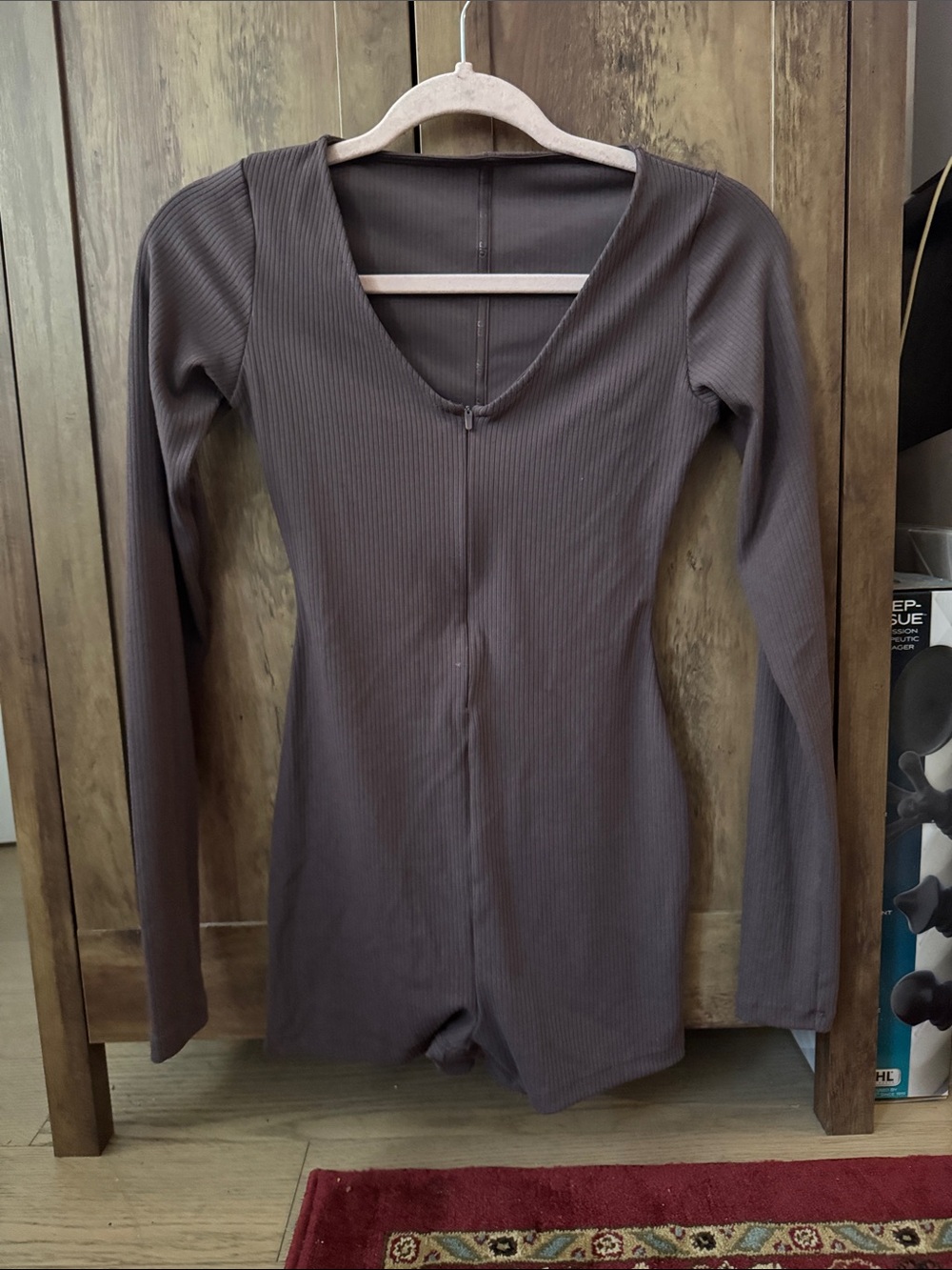 Alo Yoga Ribbed Long-Sleeve V-Neck romper  — Plum